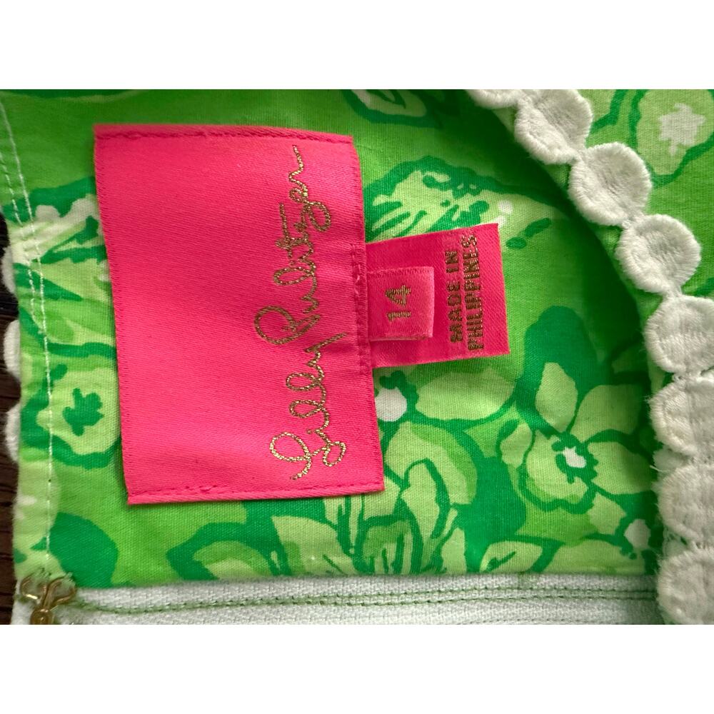 Lilly Pulitzer Green Floral Shift Dress Sz 14 Puff Sleeve Lace Trim Preppy - Picture 5 of 6